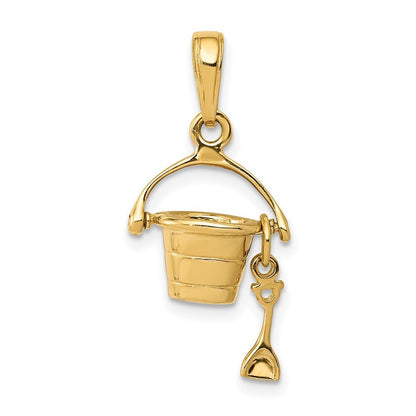 14k Yellow Gold 3-D Beach Bucket with Shovel Charm Pendant