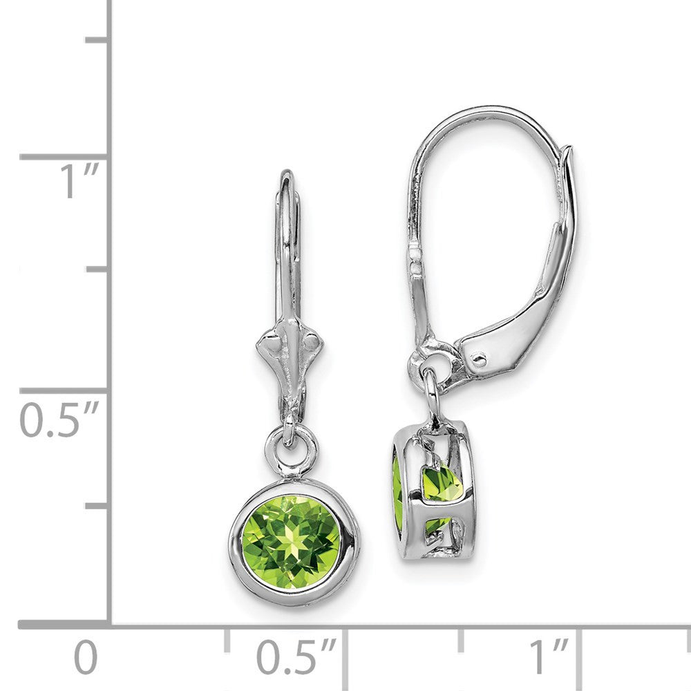 Sterling Silver Rhodium Plated 6mm Round Peridot Leverback Dangle Earrings