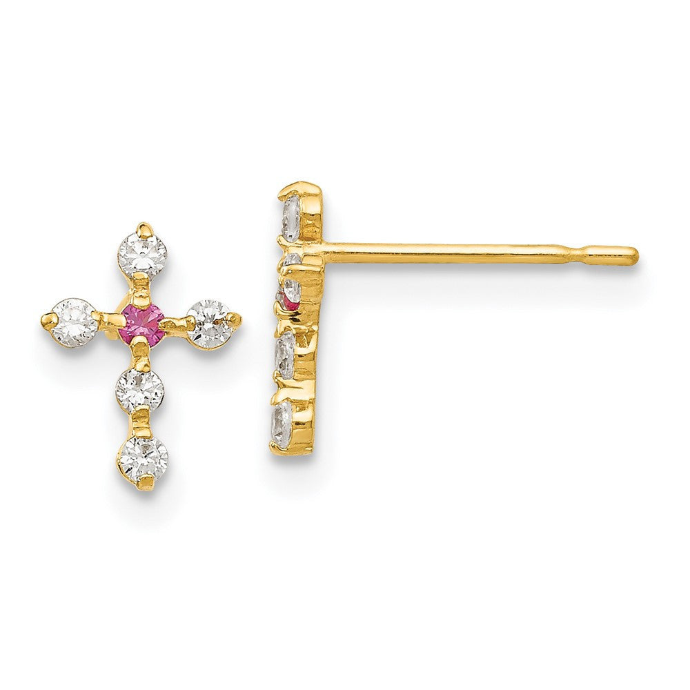 14k Yellow Gold CZ Children's Cross Button Stud Earrings