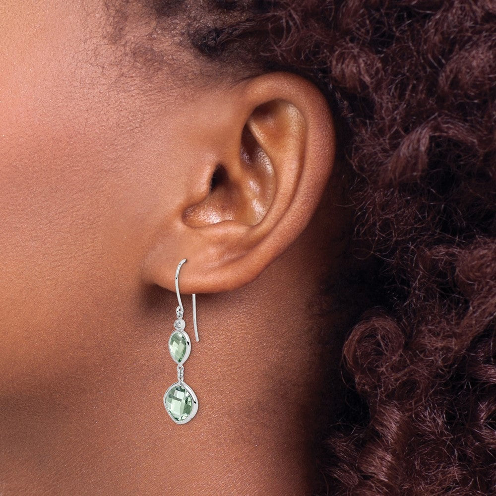 Sterling Silver Rhodium Plated Diamond and Green Quartz Dangle Earrings