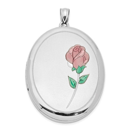 Sterling Silver Satin & Polished Enamel Rose 34mm Oval Locket Pendant