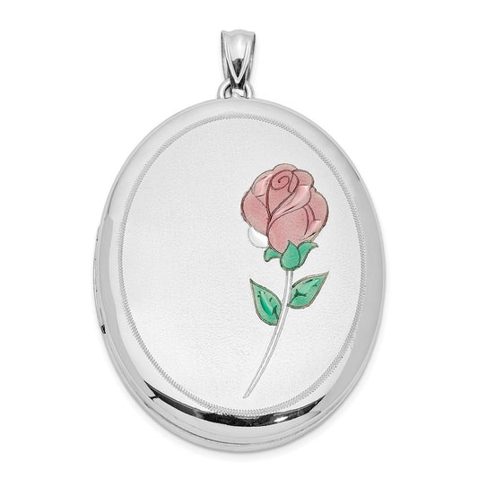 Sterling Silver Satin & Polished Enamel Rose 34mm Oval Locket Pendant