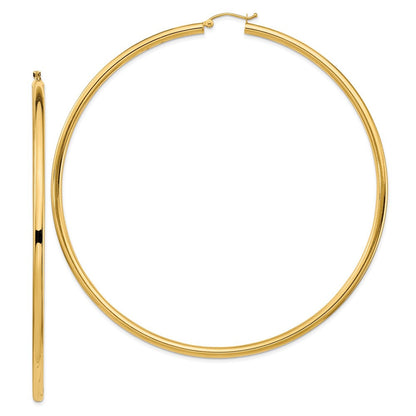 14k Yellow Gold Polished 3x90mm Round Tube Hoop Earrings