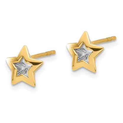 14k Yellow Gold with Rhodium Polished and Textured Star Button Stud Earrings
