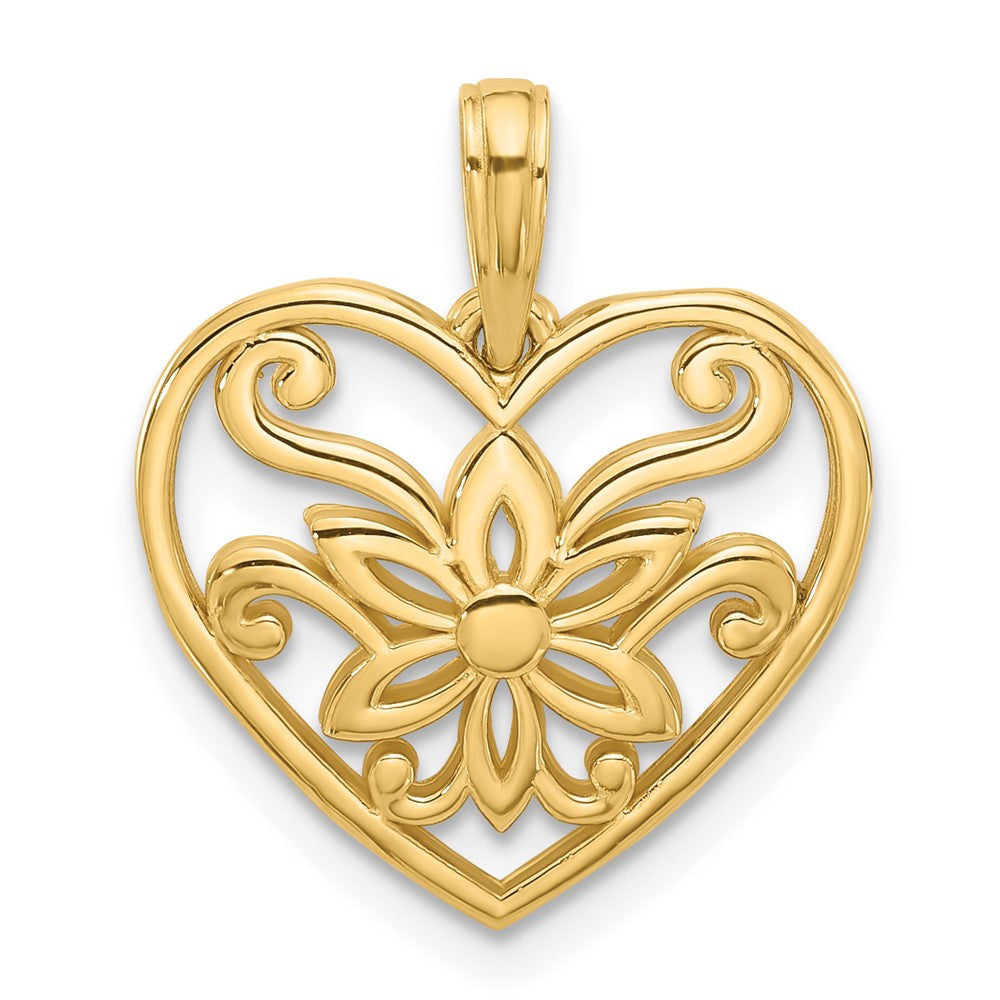 14k Yellow Gold Polished Fancy Flower and Heart Charm Pendant