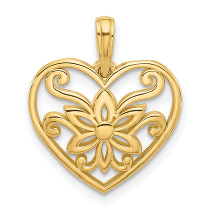 14k Yellow Gold Polished Fancy Flower and Heart Charm Pendant