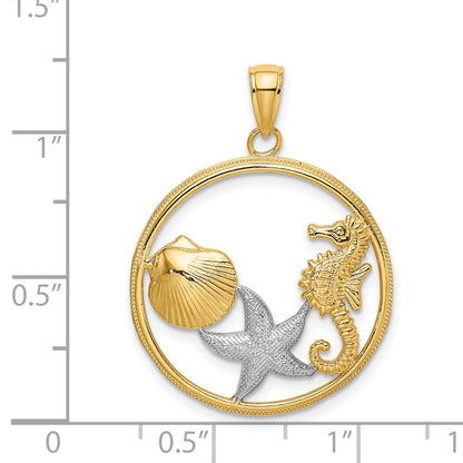 14k Yellow Gold White Rhodium Scallop, Starfish, Seahorse Circle Charm Pendant