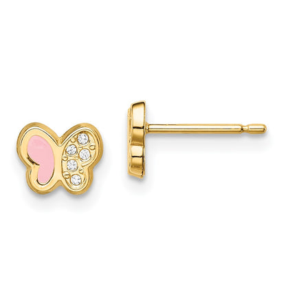 14k Yellow Gold CZ Pink Enamel Butterfly Button Stud Earrings