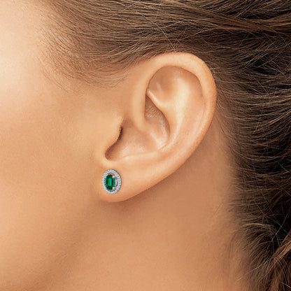 Sterling Silver Rhod-plat Created Emerald Oval Button Stud Earrings