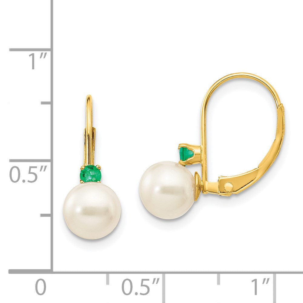14k Yellow Gold 6-6.5mm Round Cultured Pearl Emerald Drop & Dangle Earrings