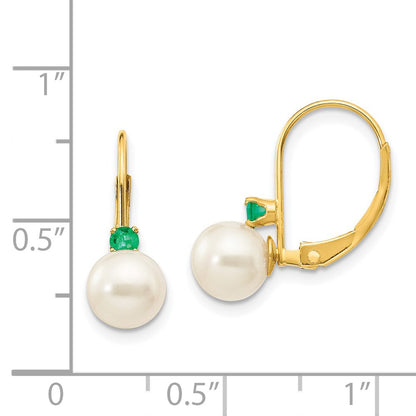 14k Yellow Gold 6-6.5mm Round Cultured Pearl Emerald Drop & Dangle Earrings