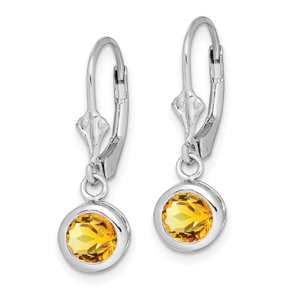 Sterling Silver Rhodium Plated 6mm Round Citrine Leverback Dangle Earrings