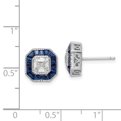 Sterling Silver Rhodium-plated Synthetic Blue Spinel and CZ Button Stud Earrings