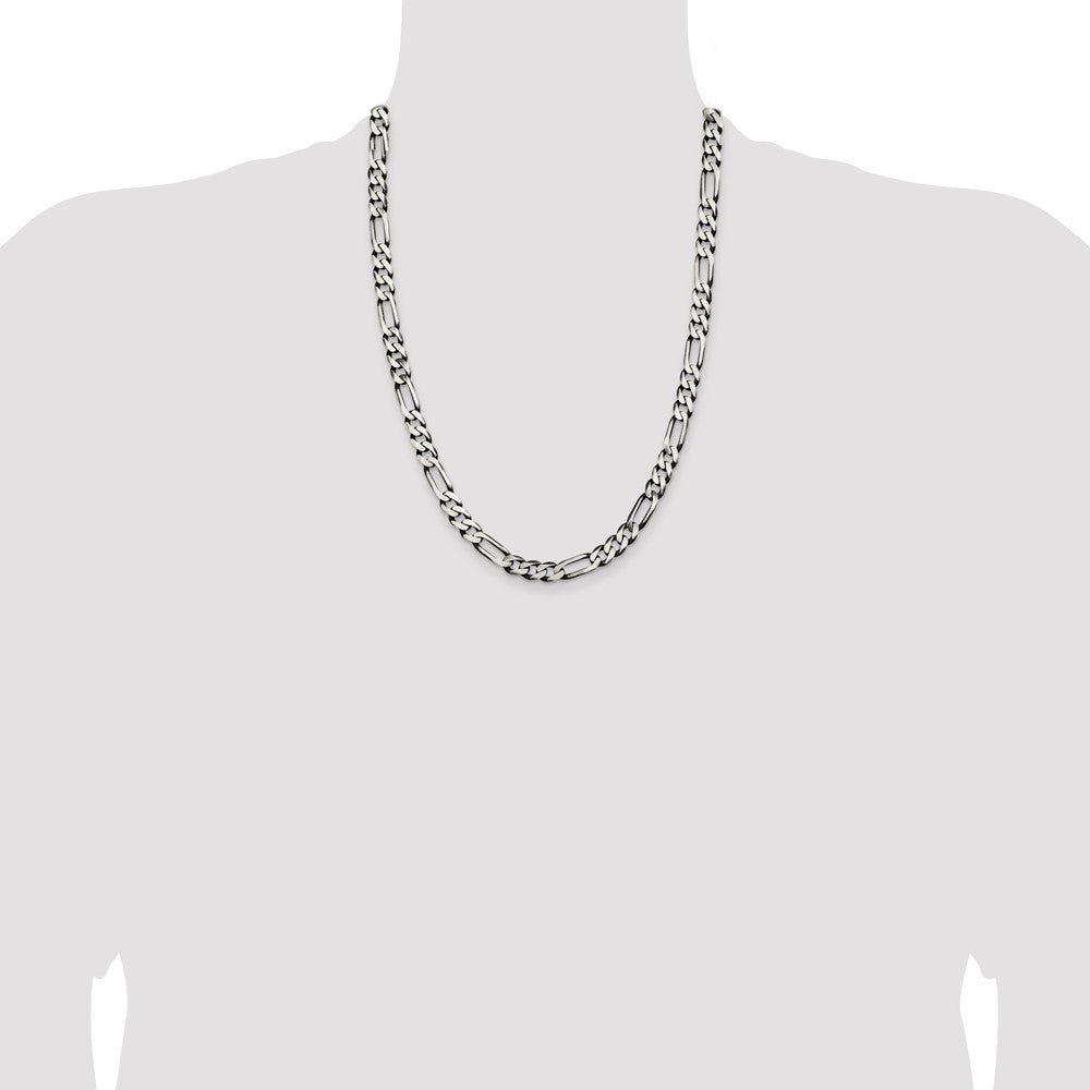 Sterling Silver Antiqued 7.5mm Figaro Chain Necklace 24"