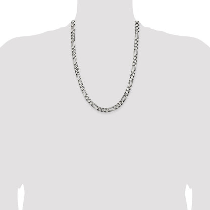 Sterling Silver Antiqued 7.5mm Figaro Chain Necklace 24"
