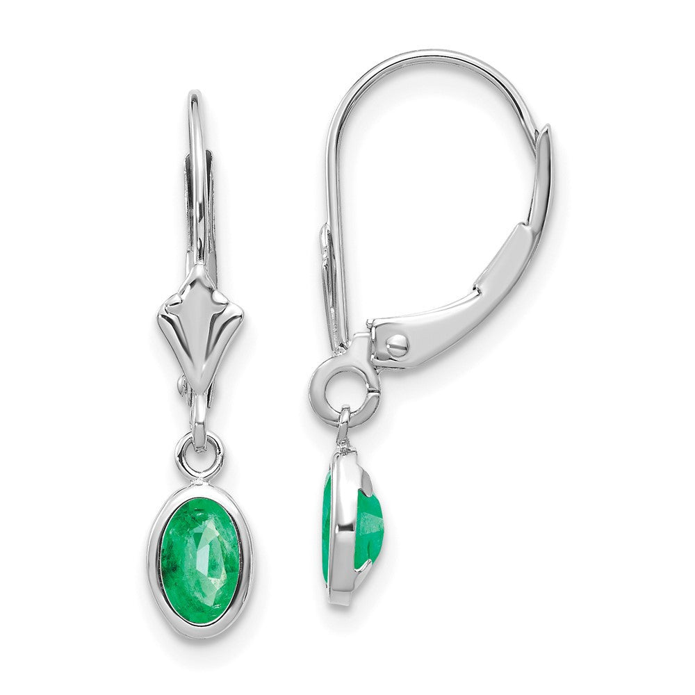 14k White Gold 6x4 Oval Bezel May/Emerald Leverback Dangle Earrings