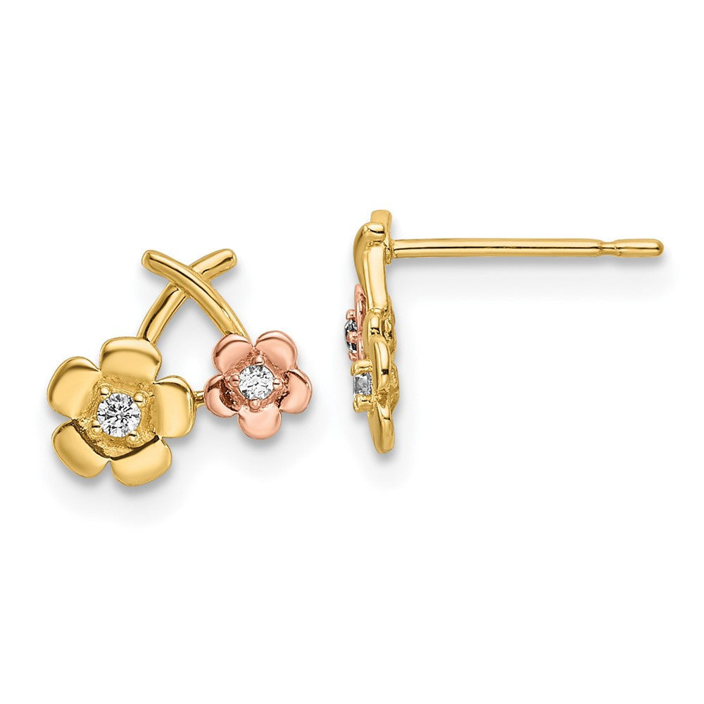 14k Two-tone Cubic Zirconia Flowers Stud Earrings
