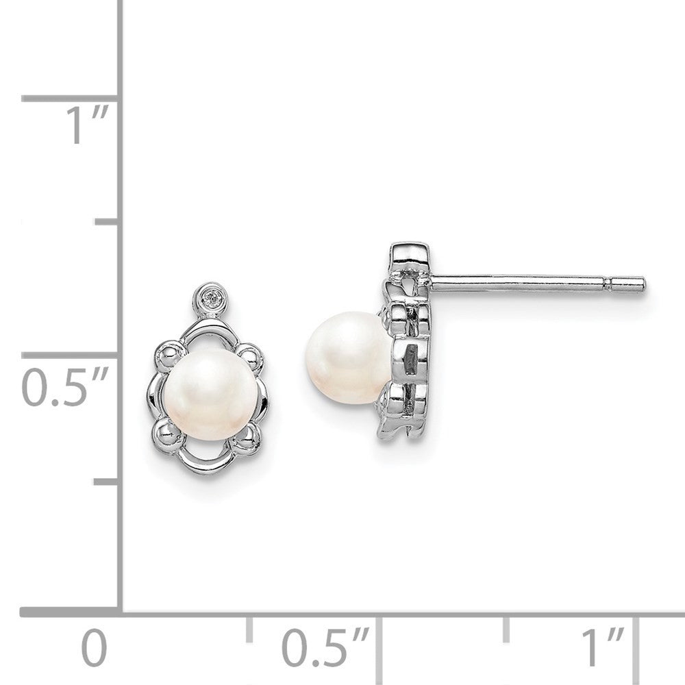 Sterling Silver Rhodium-plated FW Cultured Pearl & Diam. Button Stud Earrings