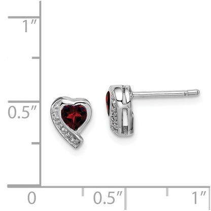 Sterling Silver Rhodium-plated Garnet and Diamond Heart Button Stud Earrings