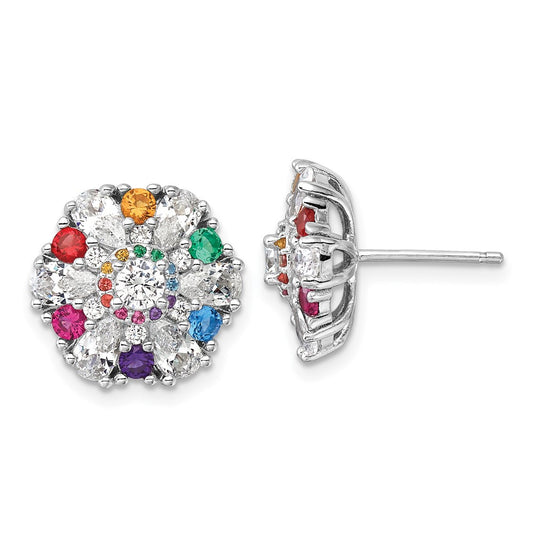 Sterling Silver Rh-pltd Rainbow Nano Crystal and Clear CZ Button Stud Earrings