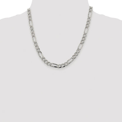 Sterling Silver Rhodium-plated 7.25mm Pav� Flat Figaro Chain Necklace 20"
