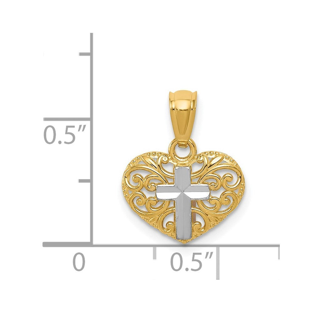 14k Yellow Gold Rhodium Cross in Heart Pendant