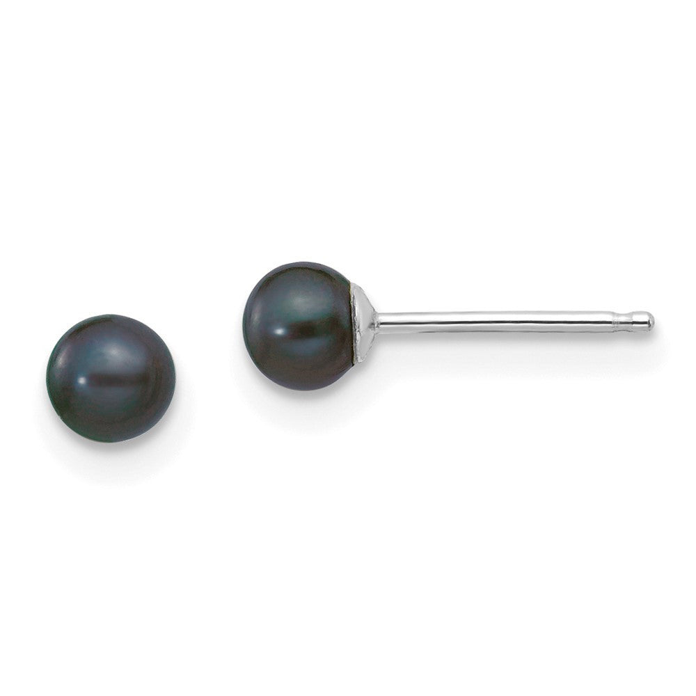 14k White Gold 3-4mm Black Round Freshwater Cultured Pearl Stud Earrings