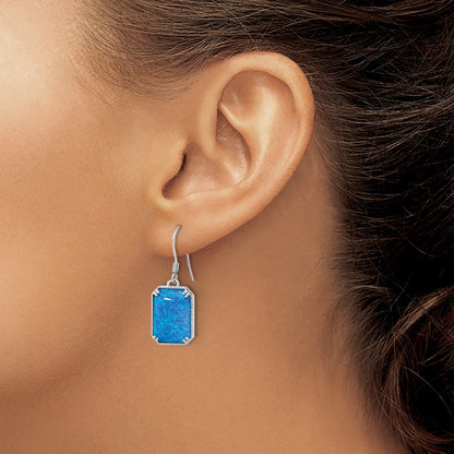 Sterling Silver RH-plated Blue Created Opal Beaded Border Dangle Earrings