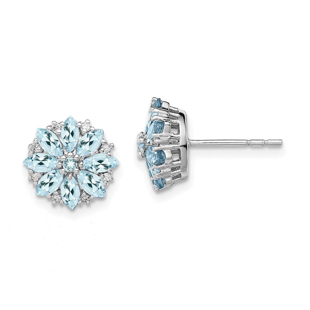 Sterling Silver Rhodium-plated Diamond & Aquamarine Button Stud Earrings