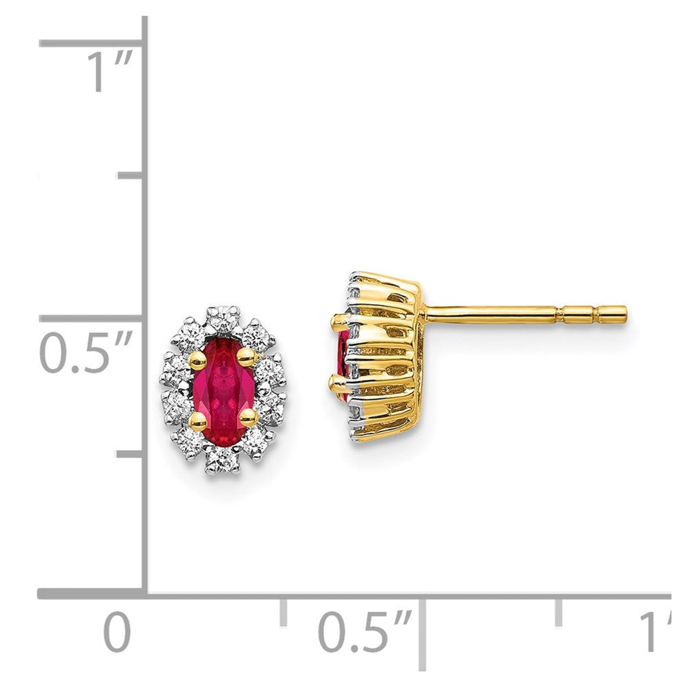 14k Yellow Gold Diamond and Ruby Oval Halo Stud Earrings
