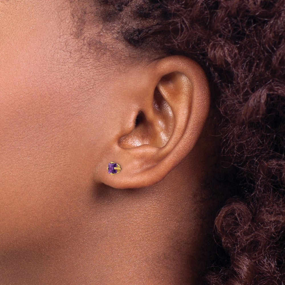 14k Yellow Gold 4mm Princess Cut Amethyst Stud Earrings
