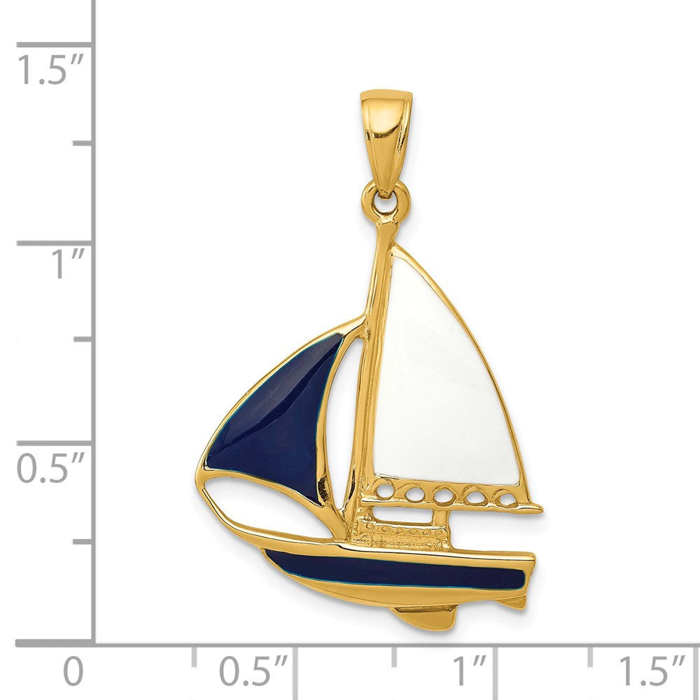 14k Yellow Gold 2-D Blue and White Enameled Sailboat Pendant