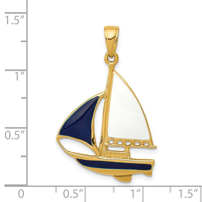 14k Yellow Gold 2-D Blue and White Enameled Sailboat Pendant