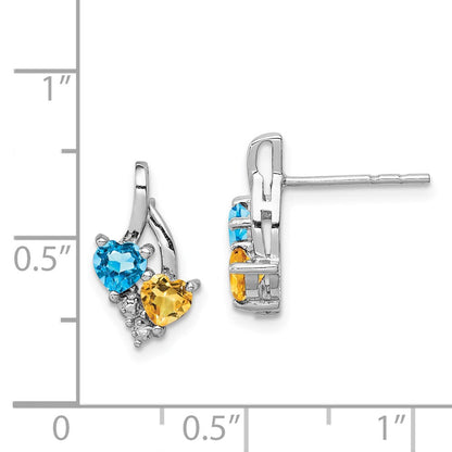 Sterling Silver Rhodium-plated Blue Topaz and Citrine Diamond Dangle Earrings