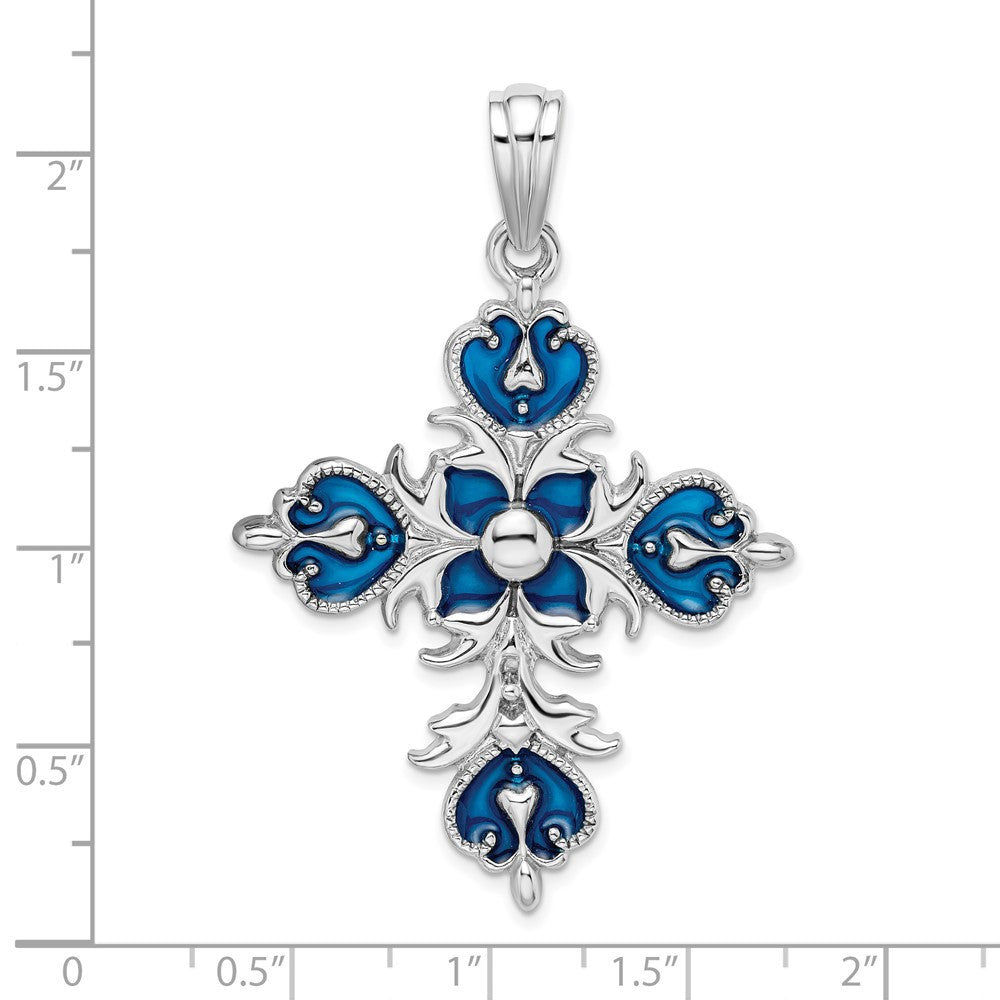 Sterling Silver Rhodium-Plated Polished Enameled Fleur de Lis Cross Pendant