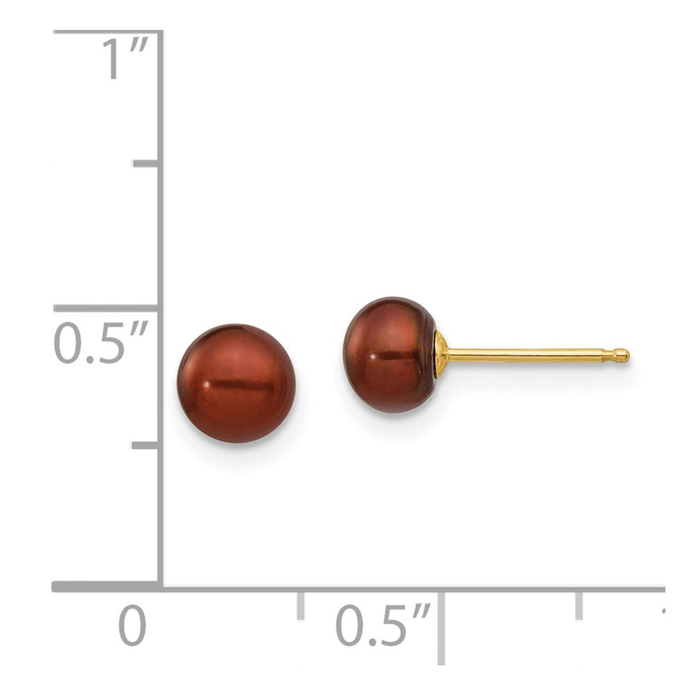 14k Yellow Gold 5-6mm Brown Button Freshwater Cultured Pearl Stud Earrings