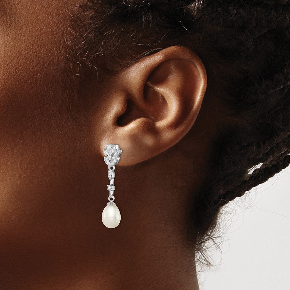 Sterling Silver Rhodium 9mm Tear Freshwater Cultured Pearl & CZ Dangle Earrings