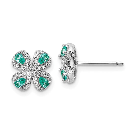 Sterling Silver Rhodium plated Teal & White CZ Button Stud Earrings