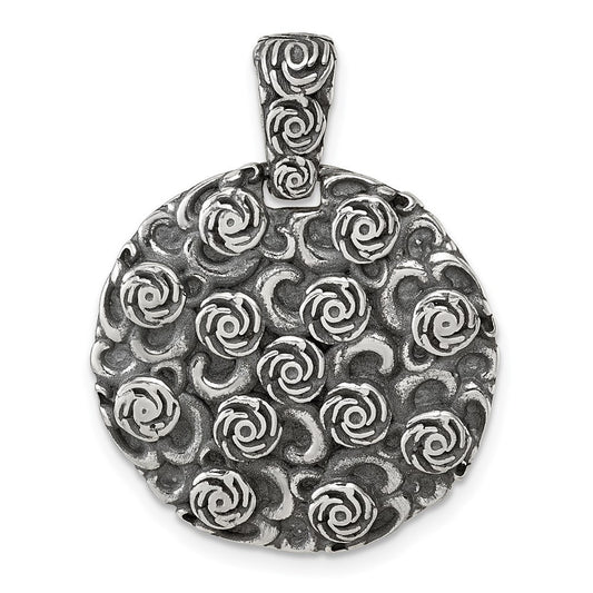 Sterling Silver Antiqued Floral Round Disc Pendant