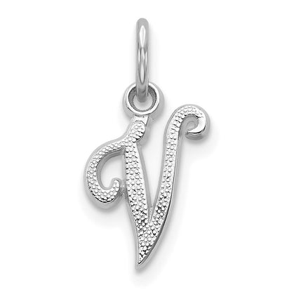 14k White Gold Casted Script Letter V Initial Charm Pendant