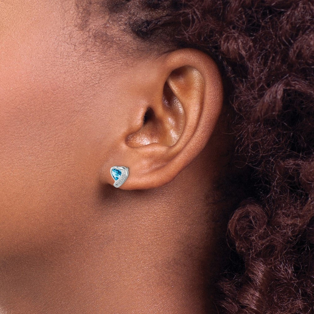 Sterling Silver Rhodium-plated Blue Topaz and Diamond Heart Button Stud Earrings