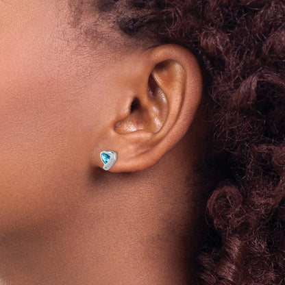 Sterling Silver Rhodium-plated Blue Topaz and Diamond Heart Button Stud Earrings
