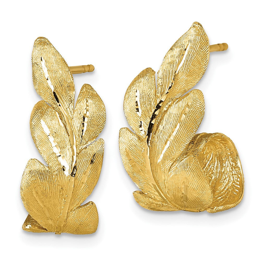 14k Yellow Gold Brushed And Textured Curled Leaf Hoop Earrings