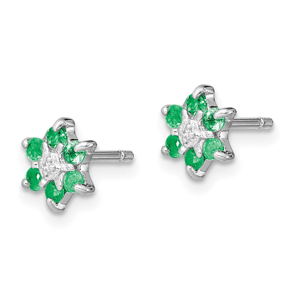 Sterling Silver Rhodium Emerald & Diamond Button Stud Earrings