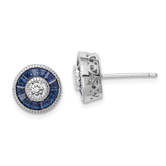 Sterling Silver Rhodium-plated Synthetic Blue Spinel and CZ Button Stud Earrings