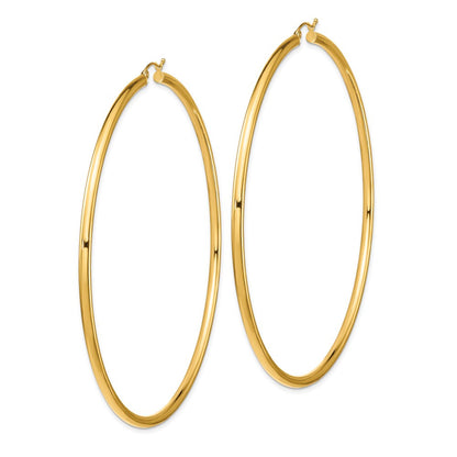 14k Yellow Gold Polished 3x90mm Lightweight Round Tube Hoop Earrings