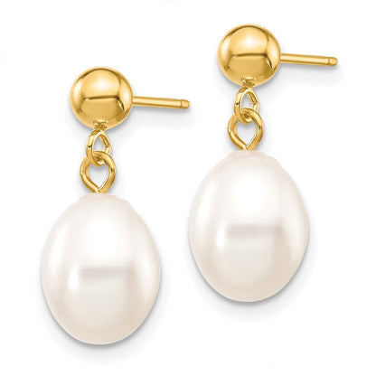 14k Yellow Gold 7-8mm White Rice Freshwater Cultured Pearl Dangle Earrings