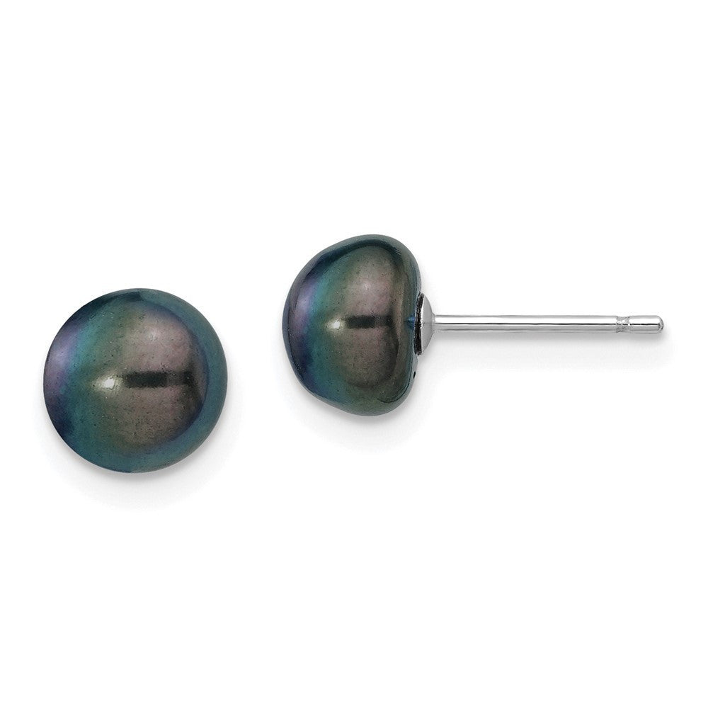 14k White Gold 7-8mm Black Button Freshwater Cultured Pearl Stud Earrings