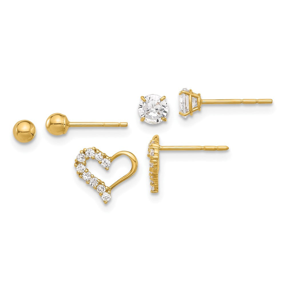 14k Yellow Gold Polished CZ Ball and Heart Earring Set