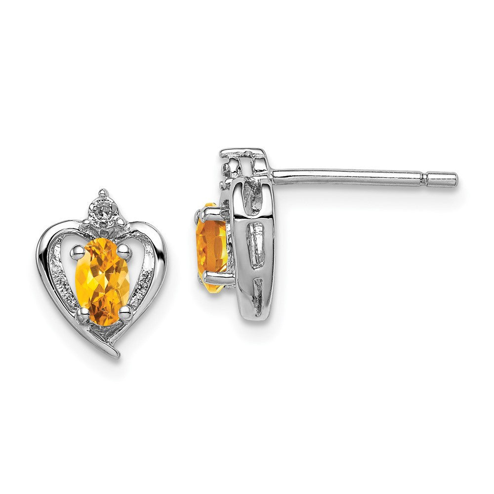 Sterling Silver Rhodium-plated Citrine & Diam. Button Stud Earrings